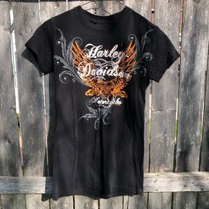 Y2k Harley-Davidson Black Shirt with Orange and White Logo